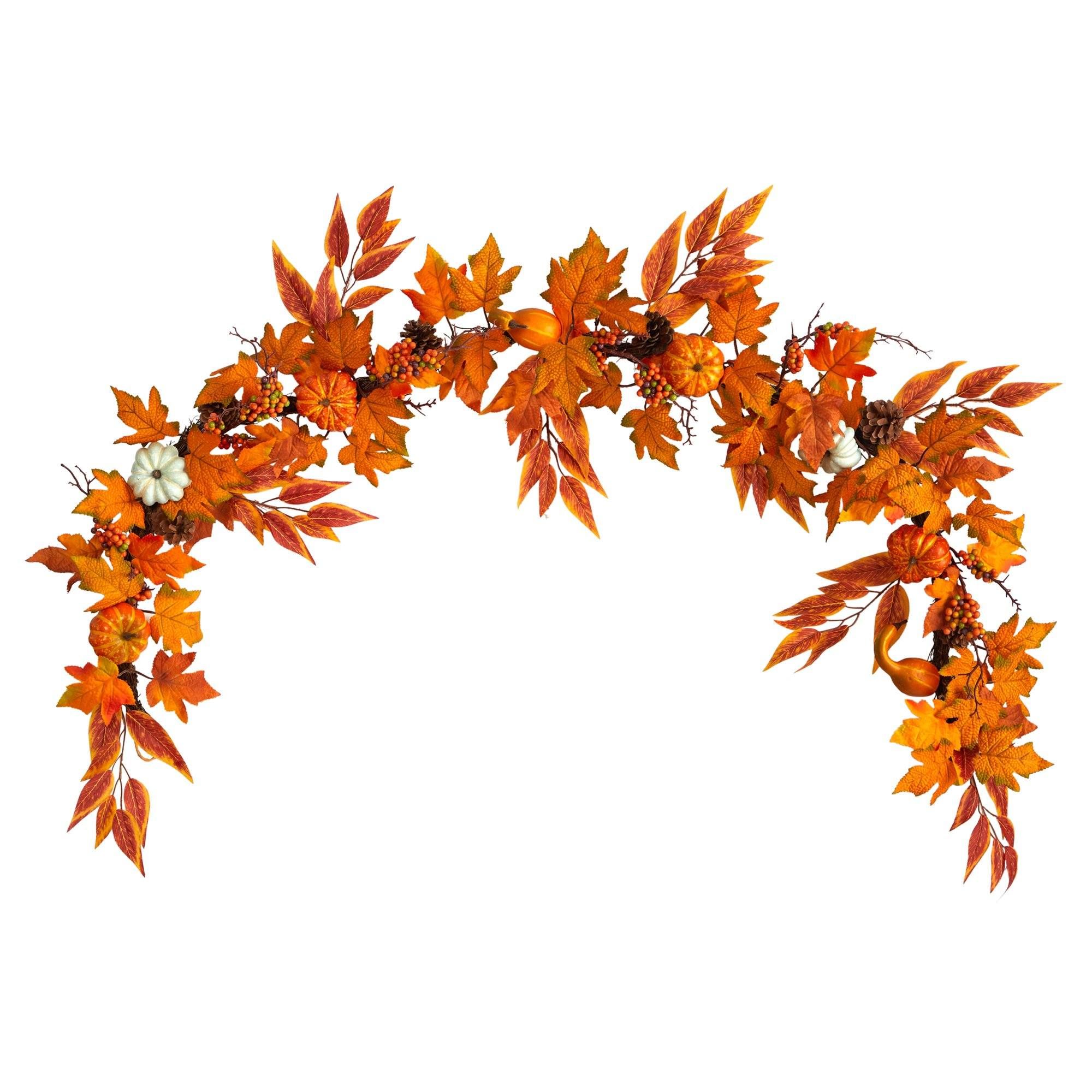 6’ Assorted Autumn Maple Leaves, Pumpkins, Gourds, Berries and Pinecone Artificial Fall Garland | Nearly Natural