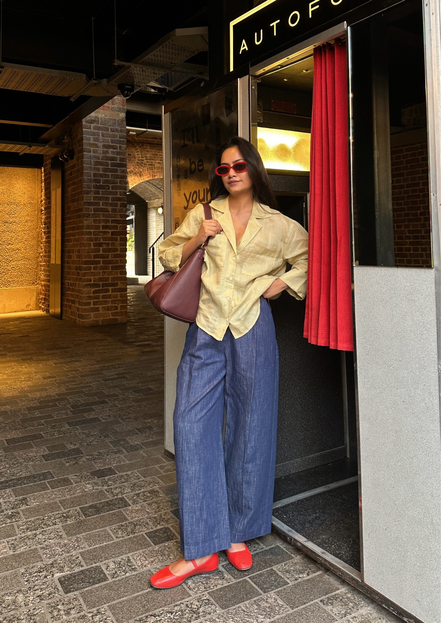 wide leg trousers, madewell linen shirt, red ballerina flats, summer outfit 