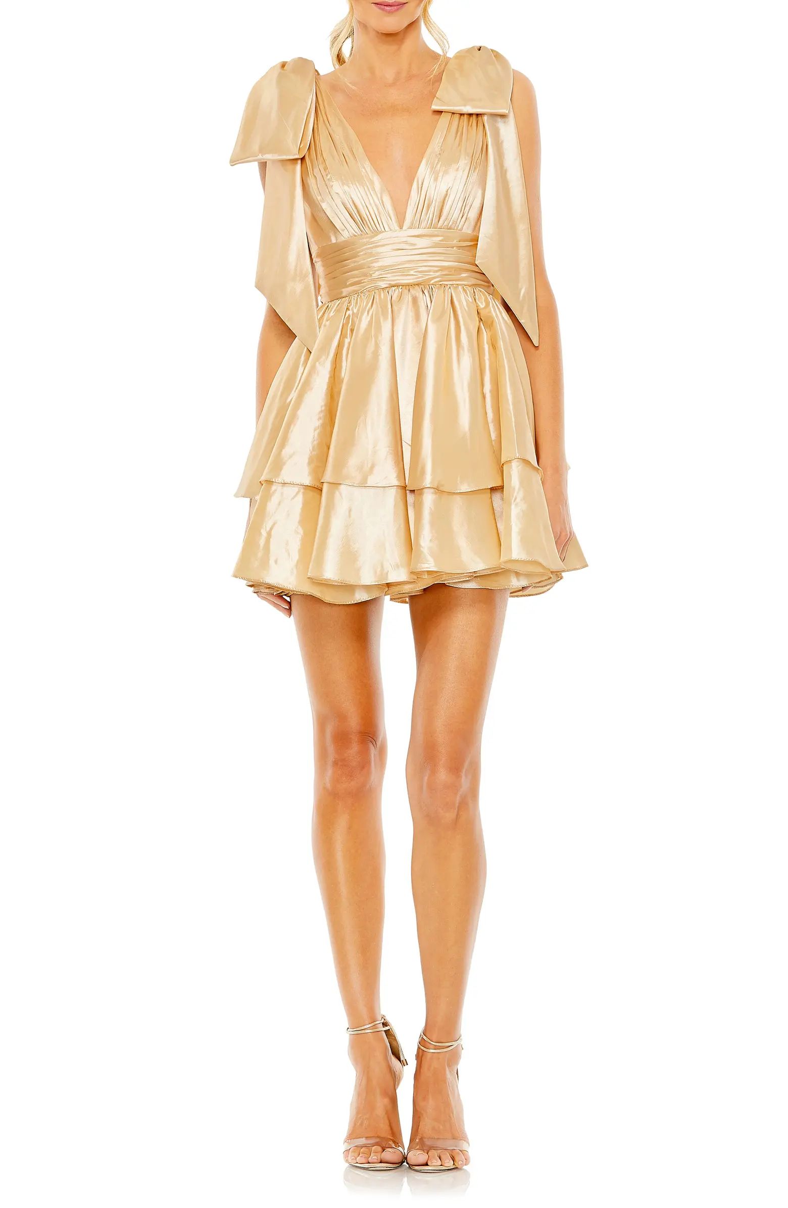 Ieena for Mac Duggal Oversize Bows Plunge Tiered Satin Cocktail Minidress | Nordstrom | Nordstrom