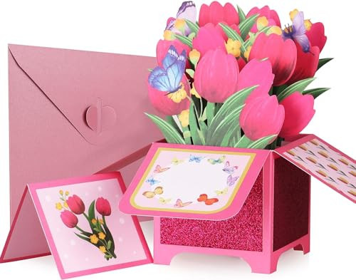 Giiffu 3D Pop Up Mothers Day Card-Pink Tulips Floral GreetingCards, Mothers Day Gift Card, Birthday Flower Cards for Woman, Greeting Gift Cards with Notecard and Envelope for Anniversary,Valetine's Day | Amazon (US)