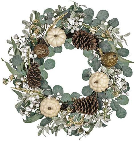 Valery Madelyn 24 inch Fall Wreath for Front Door, Harvest Wreath with White Pumpkin, Pine Cone, ... | Amazon (US)