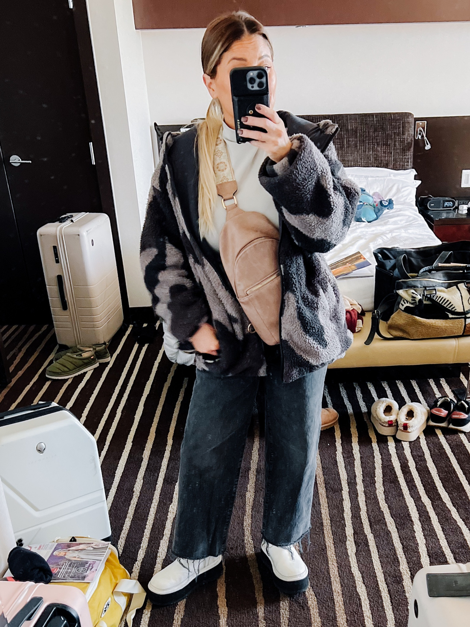 Outfit for cruising around when it’s chilly but sunny 

Jeans from Madewell, Sherpa jacket from Zella at Nordstrom, cross body bag, ugg boots, travel look, travel outfit 

#LTKtravel #LTKU #LTKstyletip