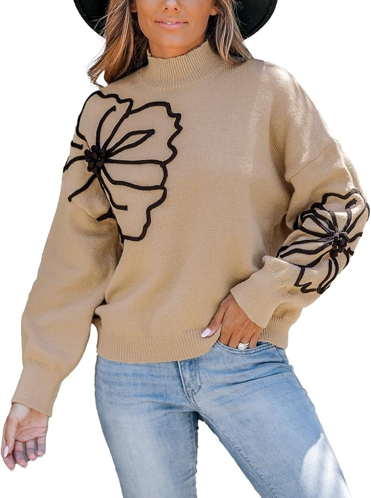 CUPSHE Women's Long Sleeve Sweater 2024 Fall Turtleneck Floral Pullover Sweaters Tops | Amazon (US)