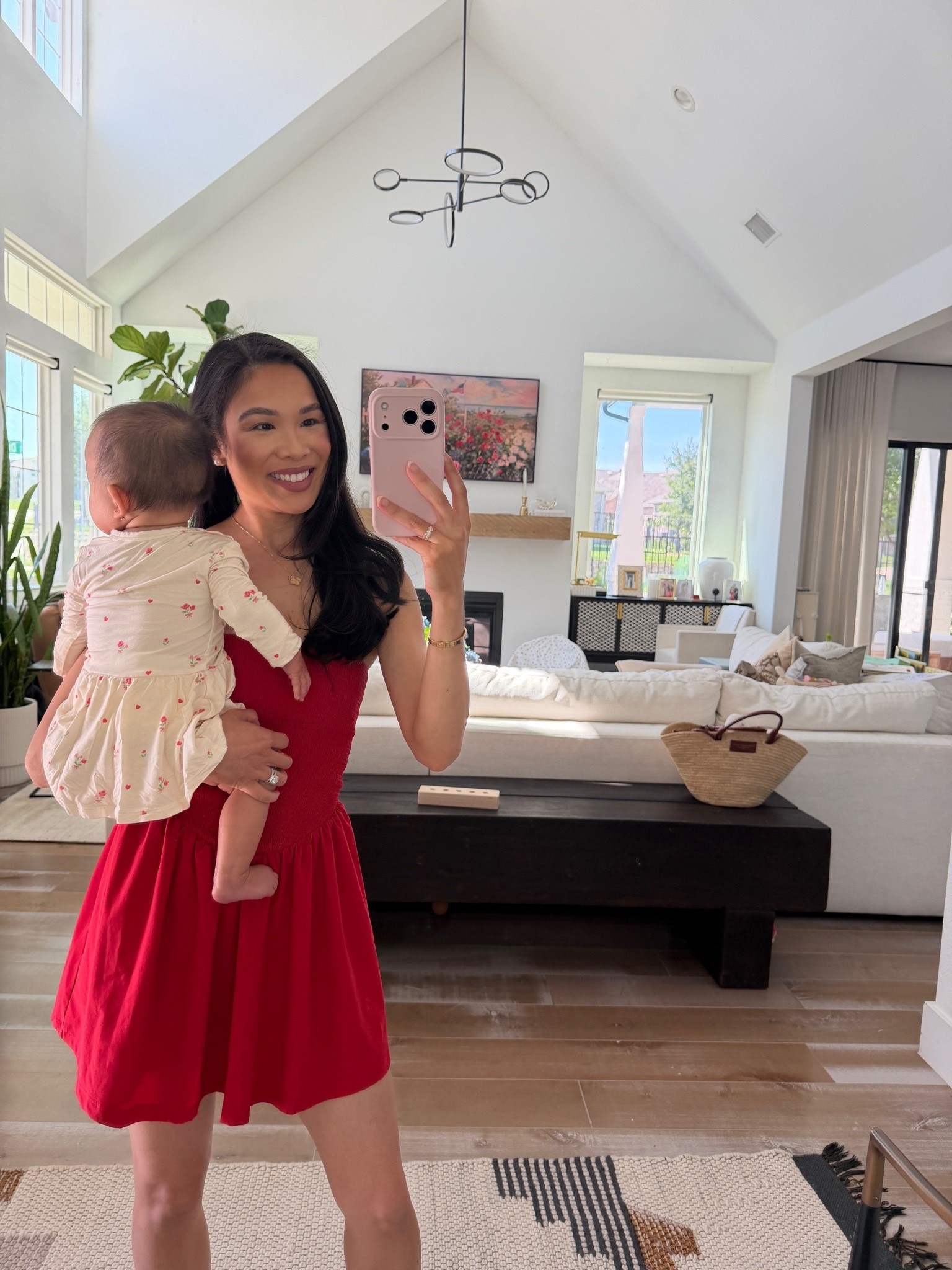 Summer outfits with this red mini dress in size XS and baby girl wearing adorable floral twirl bodysuit.

#LTKootd #LTKSeasonal