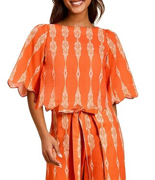 Mestiza New York Woven Charlize Moasic Print Boat Neck Bell Sleeve Scallop Top - M | Dillard's