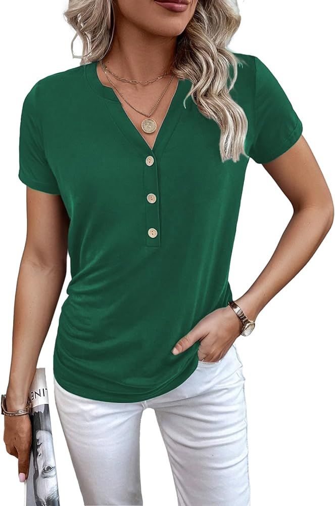 Womens Tops Short Sleeve Shirts for Women Spring Fashion V Neck Button Down Tshirts Trendy Summer... | Amazon (US)
