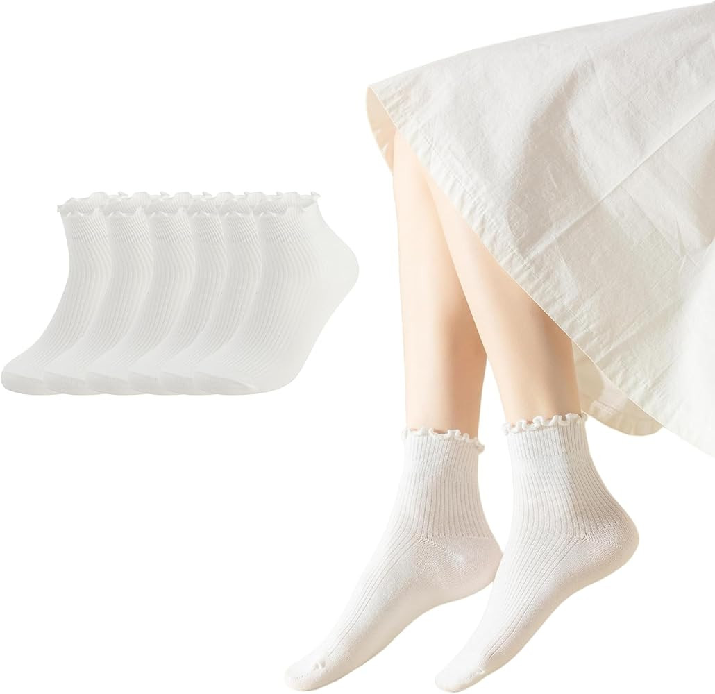 6 Pairs Ruffle Socks for Women Girls,Casual Cute Ankle Socks Breathable Knit Cotton Warm Soft Fri... | Amazon (US)