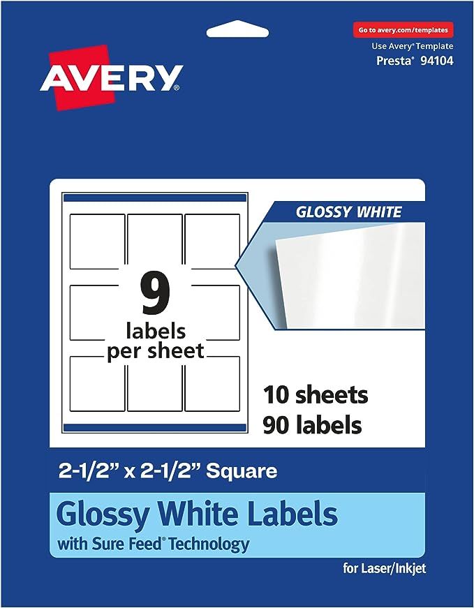 Avery Glossy White Square Labels with Sure Feed, 2.5" x 2.5", 90 Glossy White Labels, Permanent L... | Amazon (US)