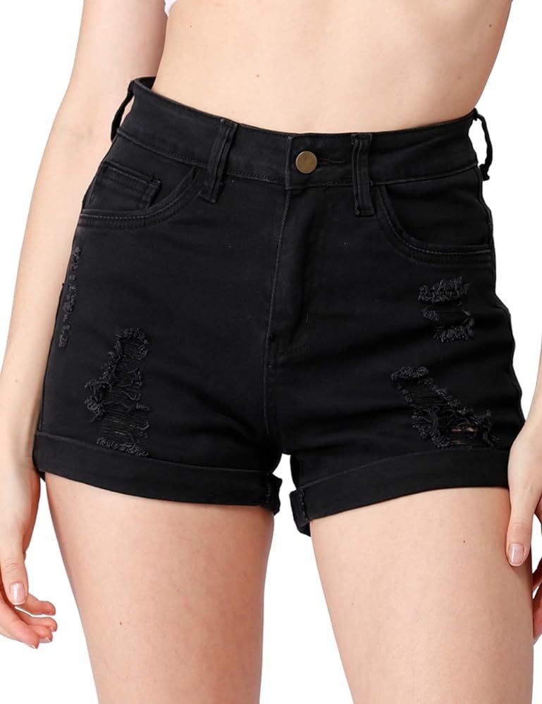 Haola Womens Stretchy Denim Shorts High Waisted Folded Hem Ripped Jeans Shorts | Amazon (US)