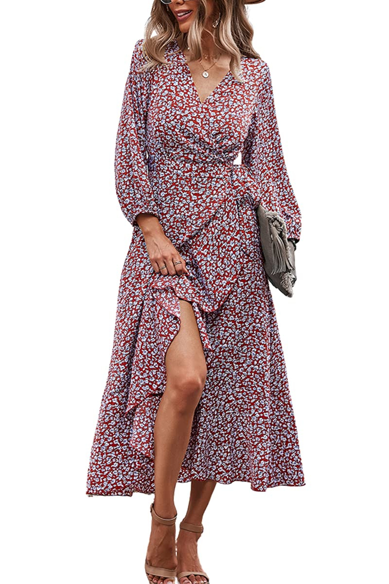 MOPOOGOSS Womens Fall Winter Floral Print Wrap V Neck Split Long Sleeve Dress Bohemian Flowy Long Ma | Amazon (US)