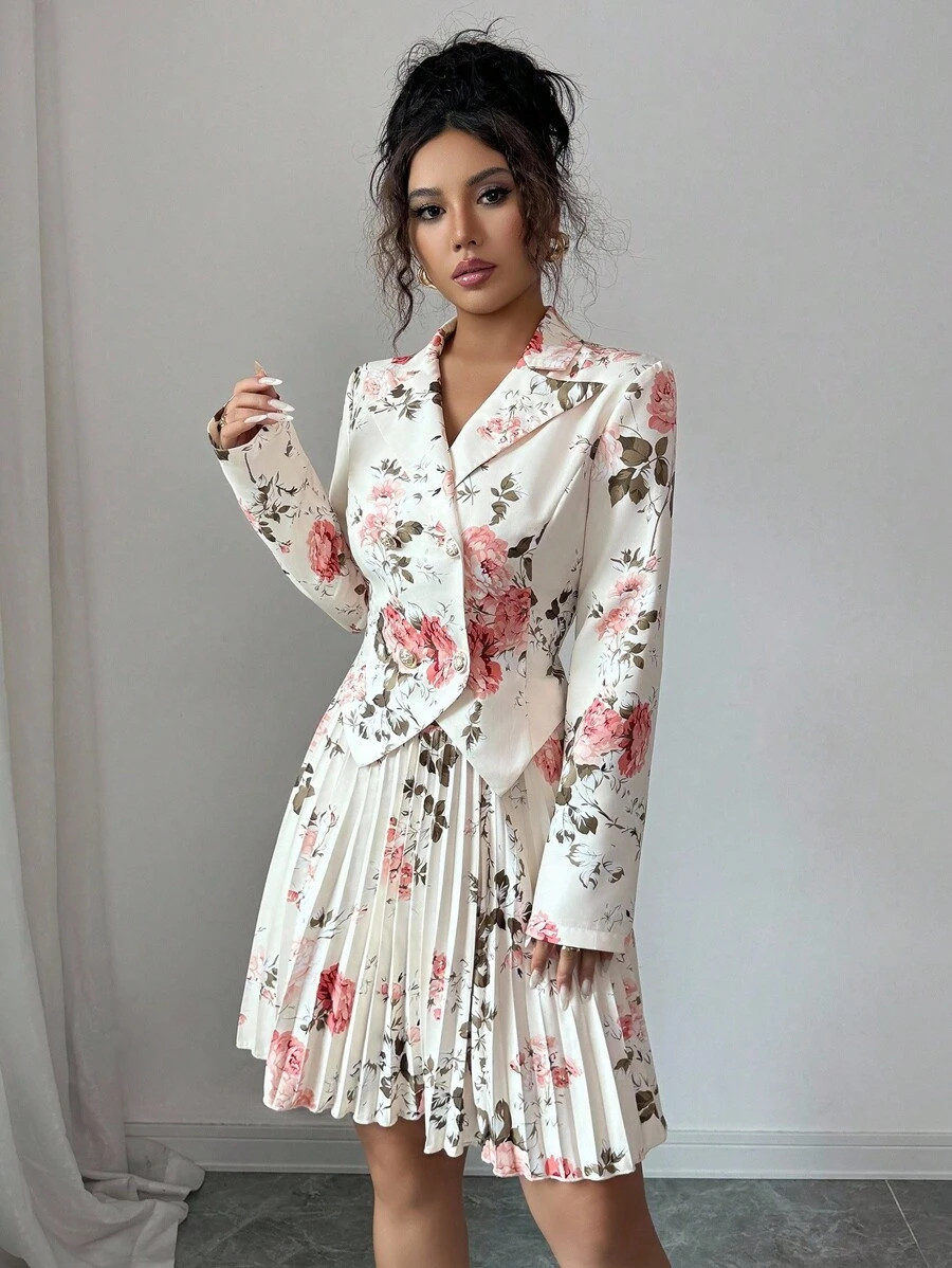 Elenzga Pleated Waist Blazer Jacket & Mini Skirt Floral Print Fabric Elegant Romantic Women's Sui... | SHEIN