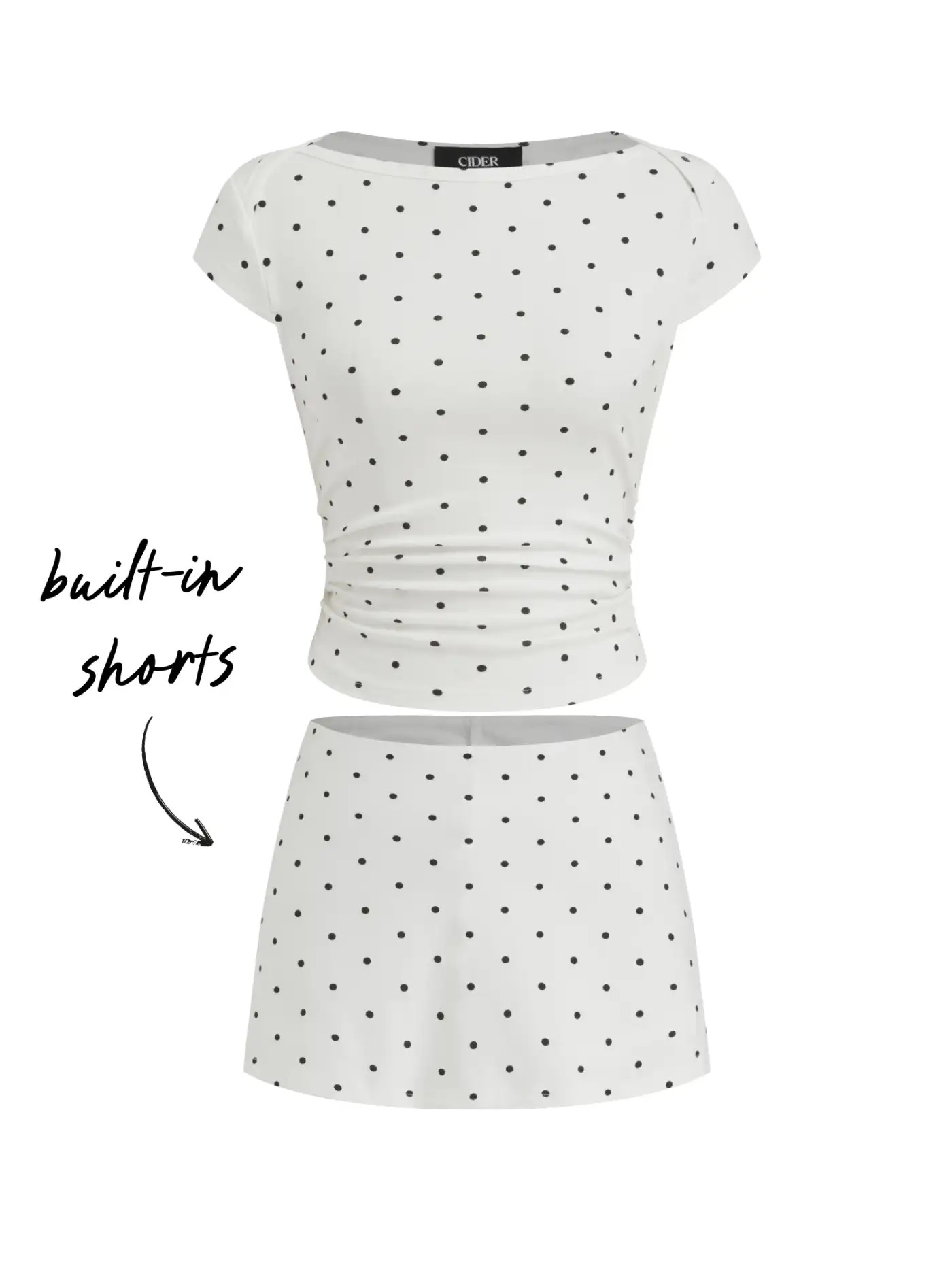 Knit Fabric Cotton-blend Boat Neck Polka Dot Ruched Tee & Mini Skort For Daily Casual | Cider