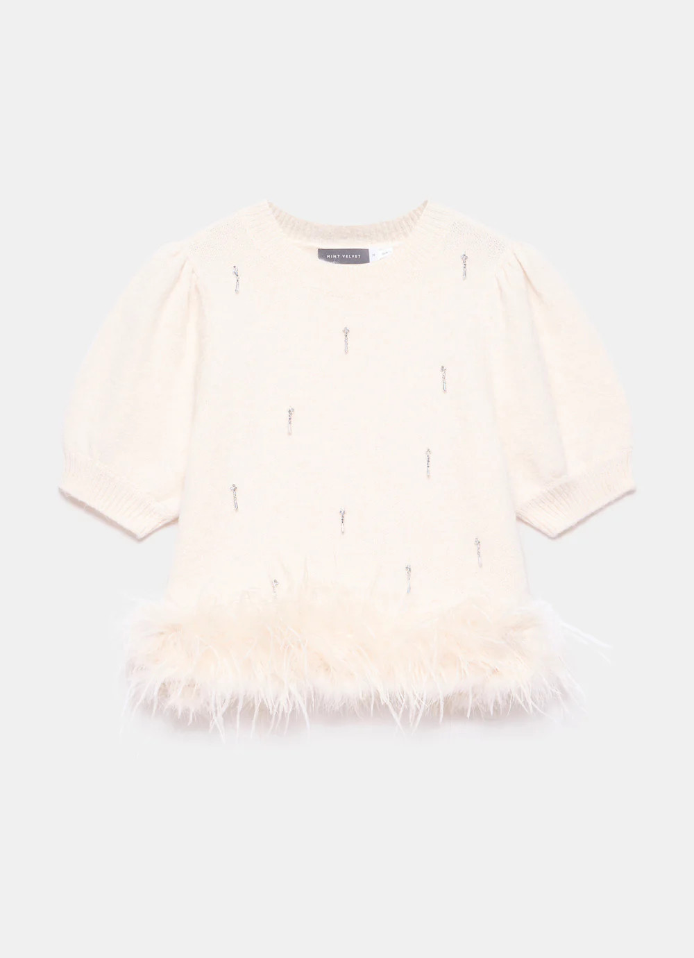 Cream Embellished Feather Trim Knit Top | Mint Velvet