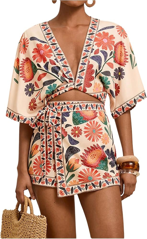 Women's 2 Piece Outfits Half Sleeve Crop Blouses and Wrap Skirts Set Boho Beach Vacation Clothes | Amazon (US)