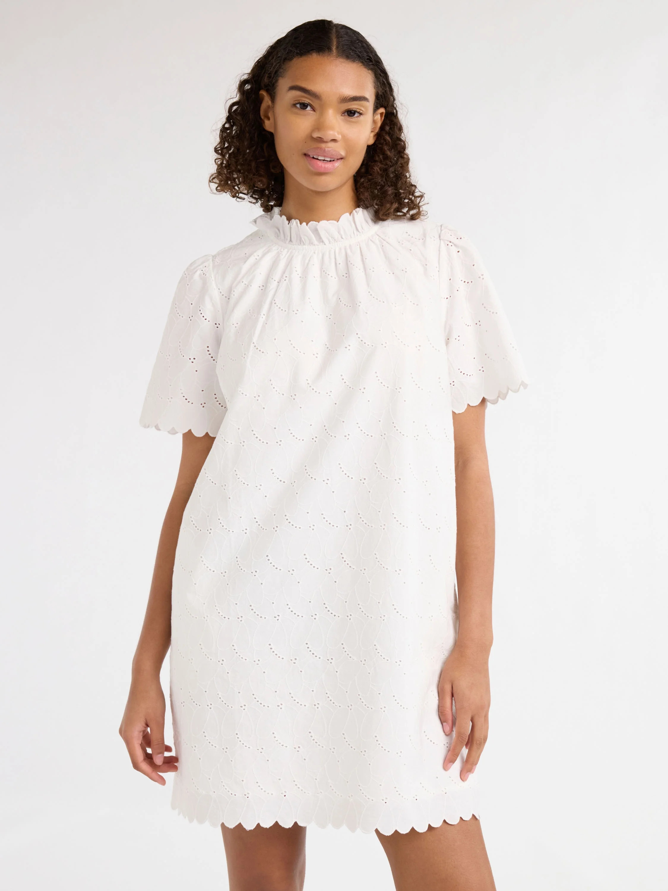 Free Assembly Women’s and Women's Plus Ruffle Neck Cotton Eyelet Mini Dress with Short Sleeves,... | Walmart (US)