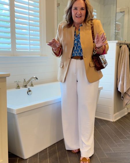 Summer work outfits. That can work on the weekend too. 
White trousers size 12 reg
Blouse and dress size large 10% off code NANETTE10 at Gibson look 
My block heel sandals and my Kate spade purse are both on huge sale. 
Blazer size XL. Love the navy and cupaccino color blazers. Very classic. 


Abercrombie Gibson look 

#LTKFindsUnder100 #LTKOver40 #LTKWorkwear
