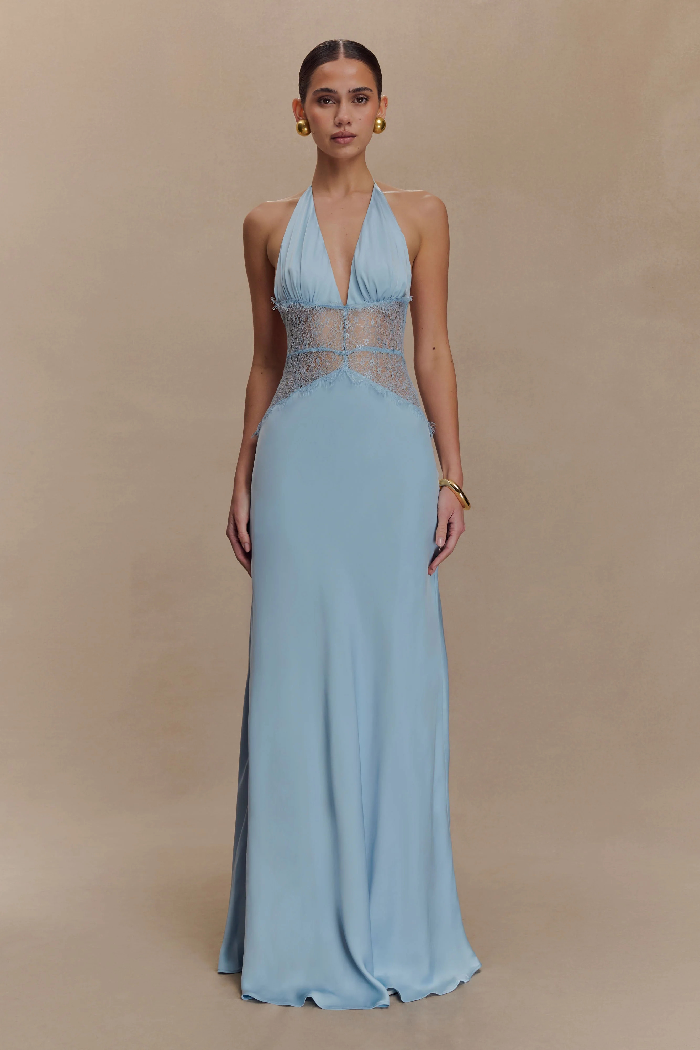 Dinah Lace And Satin Maxi Dress - Cornflower Blue | Meshki UK