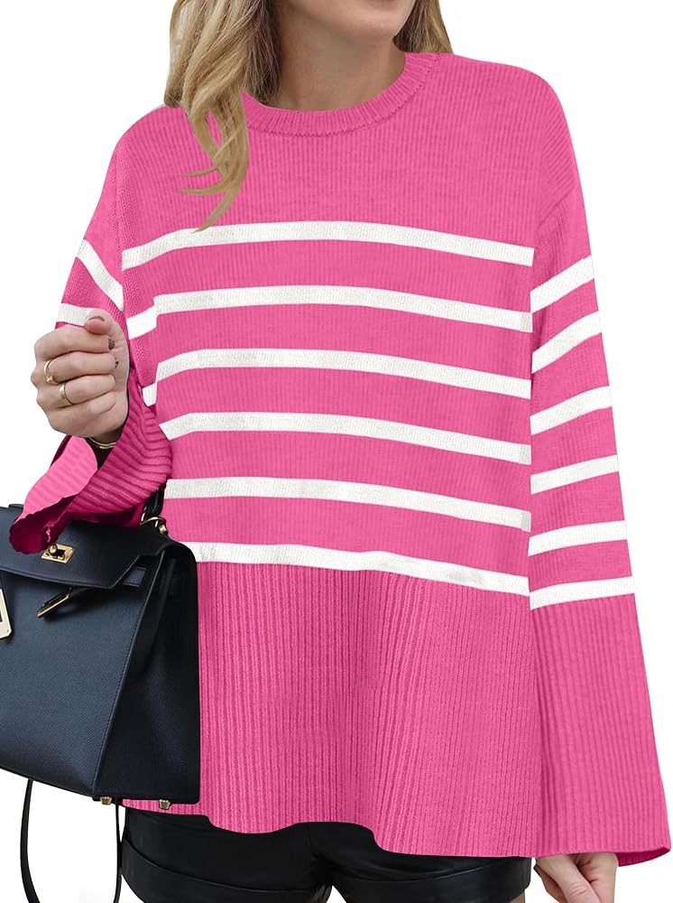 ZESICA Women's 2024 Fall Winter Striped Sweaters Long Sleeve Crew Neck Ribbed Knit Side Slit Over... | Amazon (US)