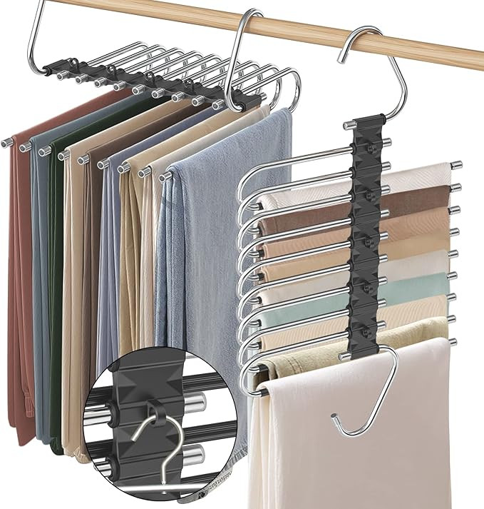 Upgrade 9 Layers Pants Hangers Space Saving, 2 Pack Non Slip Stainless Steel Multifunctional Pant... | Amazon (US)