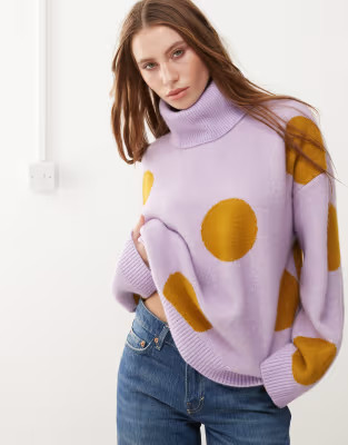 Monki turtleneck oversized knit sweater in lilac and mustard polka dot | ASOS (Global)