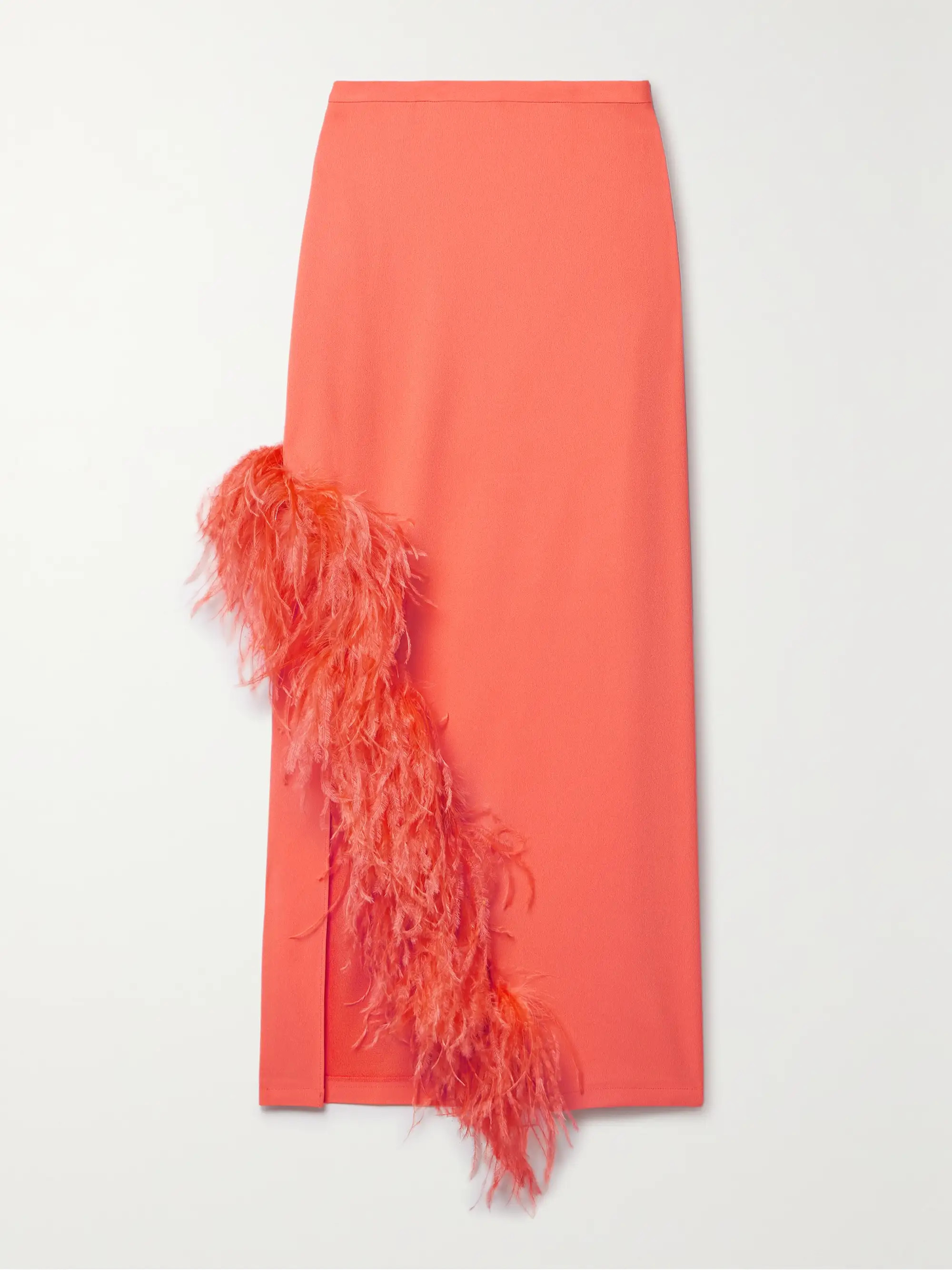 Asymmetric feather-trimmed crepe midi skirt | NET-A-PORTER (US)