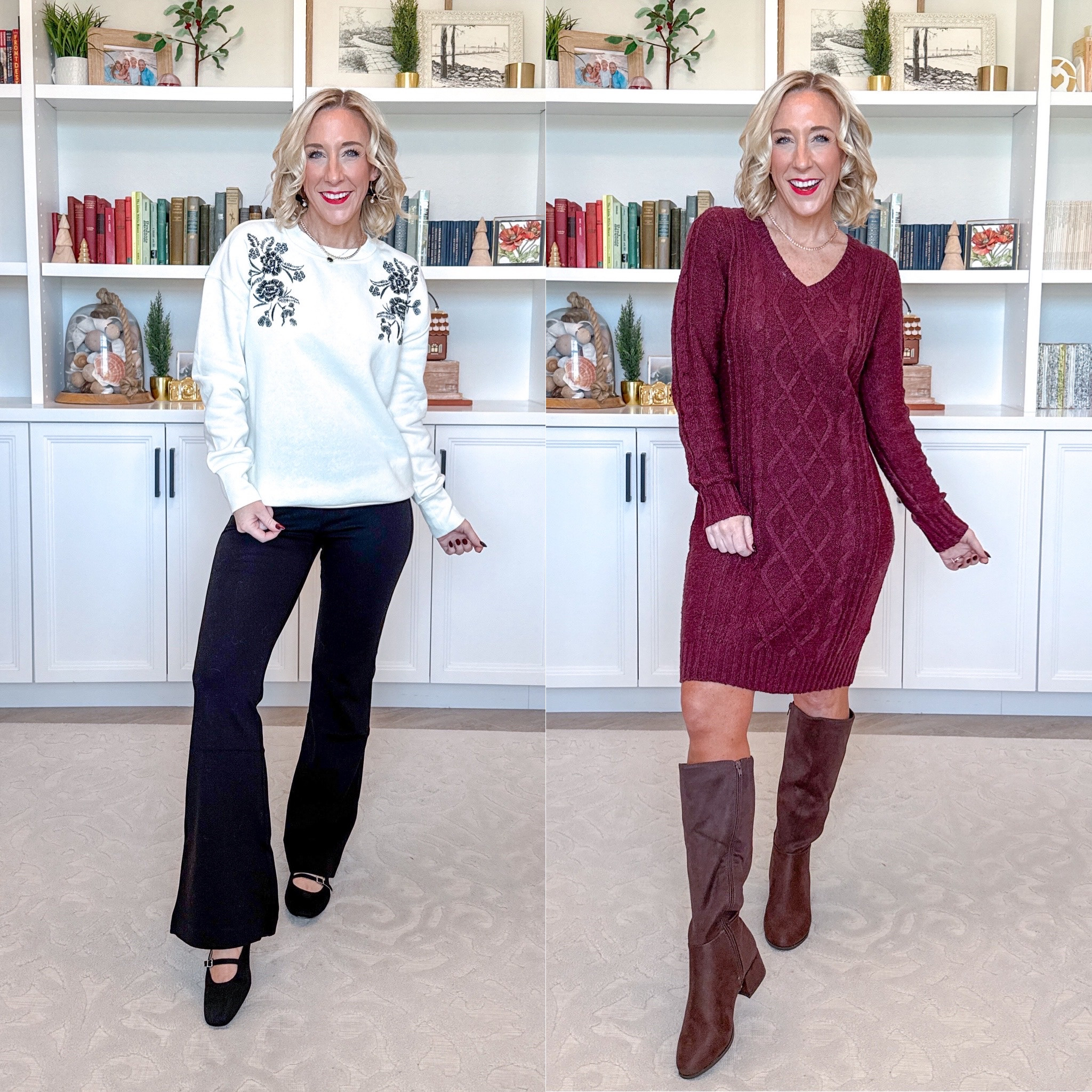 maurices -  Outfit 2 Ponte Pull On High Rise Flare Pant - Size XS. Floral Embroidered Sweatshirt - Size XS. Slingback Flat - TTS. Outfit 3 Cable Knit V Neck Sweater Dress - Size Small . Faux Suede Block Heel Tall Boot - TTS.  Jewlery Gold Plated Tennis Necklace. Faux Black Onyx Pendant Necklace. Crystal Bow Stud Earrings. Gold Black Velvet Blow Pearl Hoop Earrings.

#LTKHoliday#LTKSeasonal#LTKSaleAlert 

 