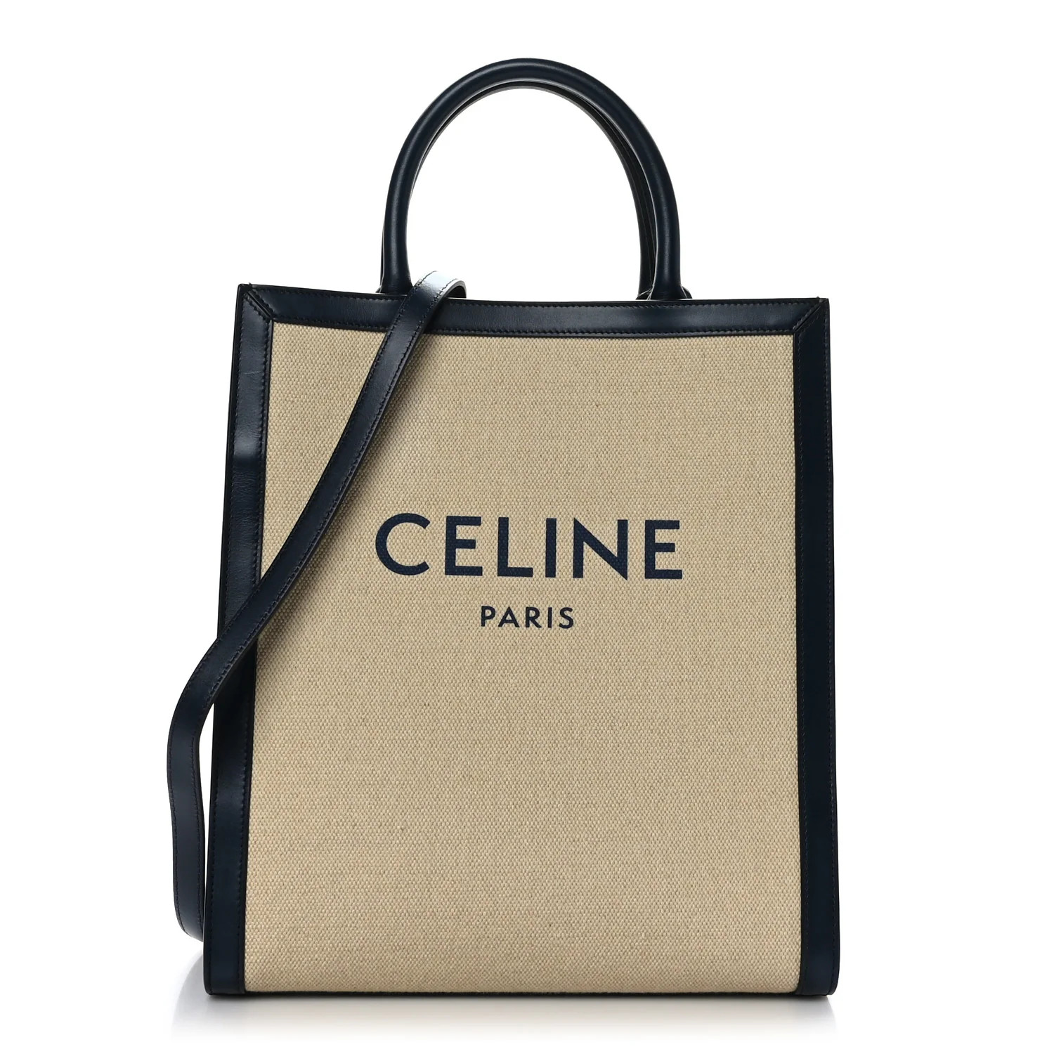 Canvas Calfskin Logo Print Small Vertical Cabas Natural Navy | FASHIONPHILE (US)