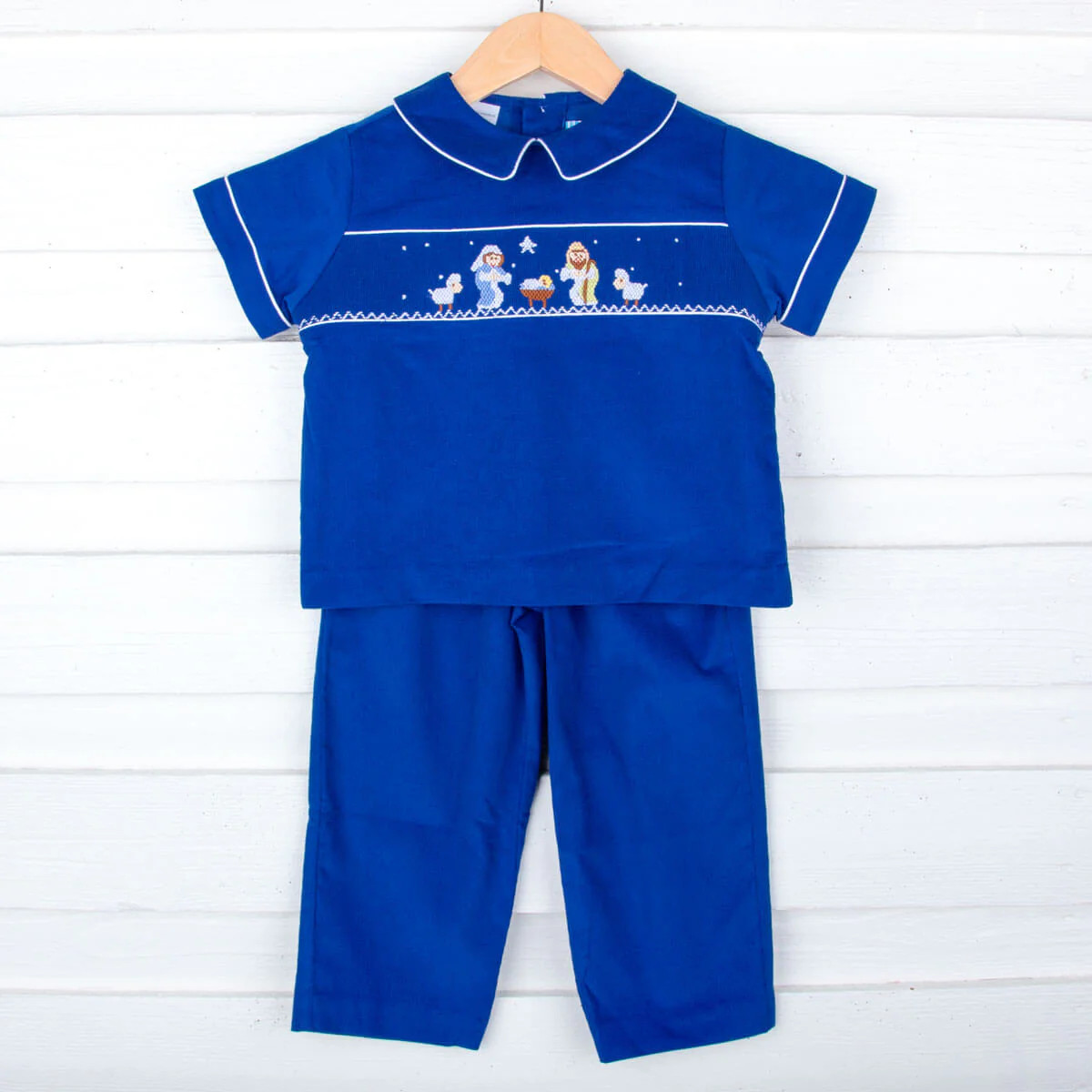 Nativity Smocked Royal Blue Corduroy Pant Set | Classic Whimsy