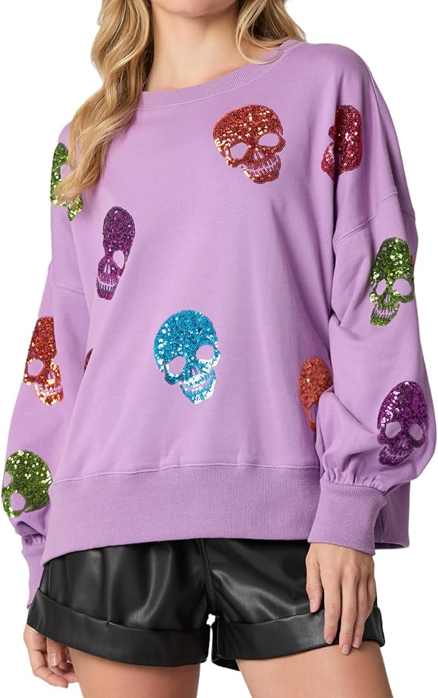 Women's Halloween Sequin Sweatshirts Skeleton Spooky Ghost Graphic Long Sleeve Crewneck Pullover ... | Amazon (US)