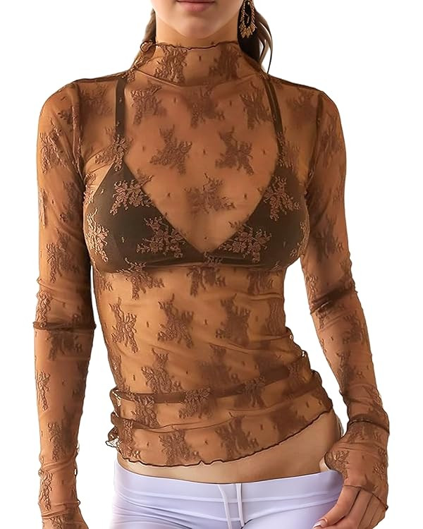 Wyeysyt Lace Tops for Women Mesh Long Sleeve Top Mock Neck Sheer Blouse Sexy See Through Shirts | Amazon (US)