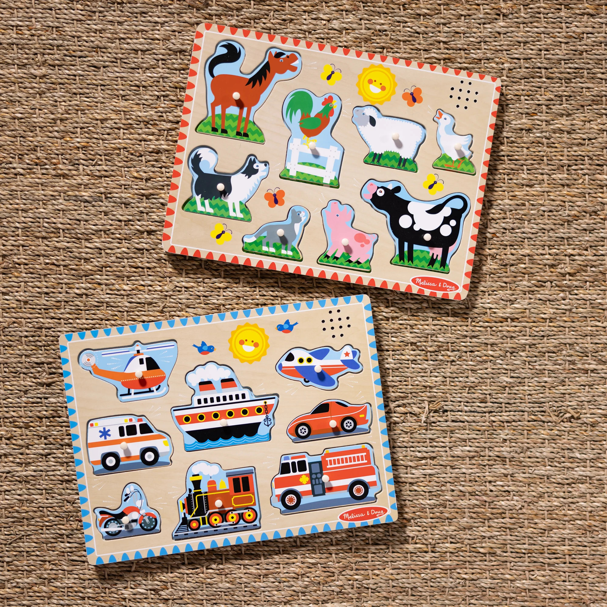 Wooden Sound Puzzle 2-Pack – Farm Animals, Vehicles | Melissa and Doug