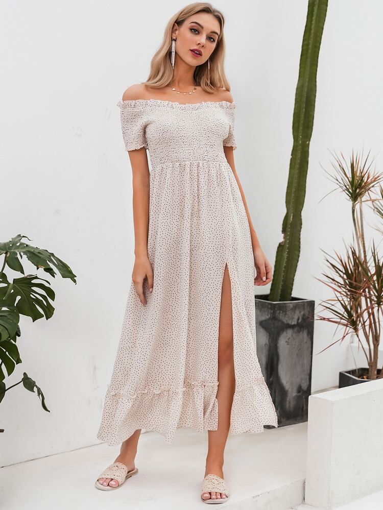 Simplee Shirred Bodice Ruffle Trim Split Dot Dress | SHEIN