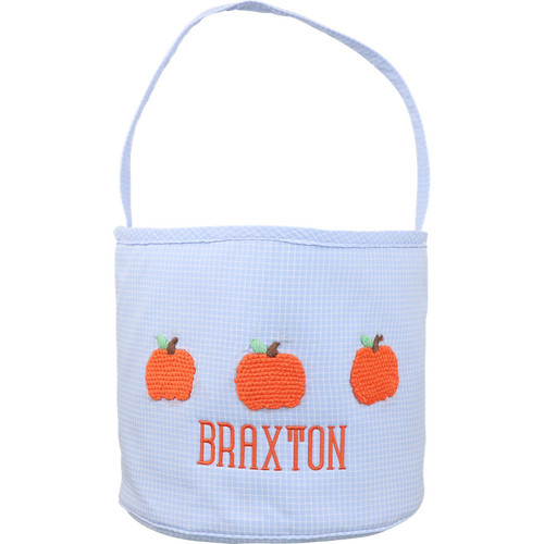 Blue Windowpane Crochet Pumpkin Candy Bucket | Cecil and Lou