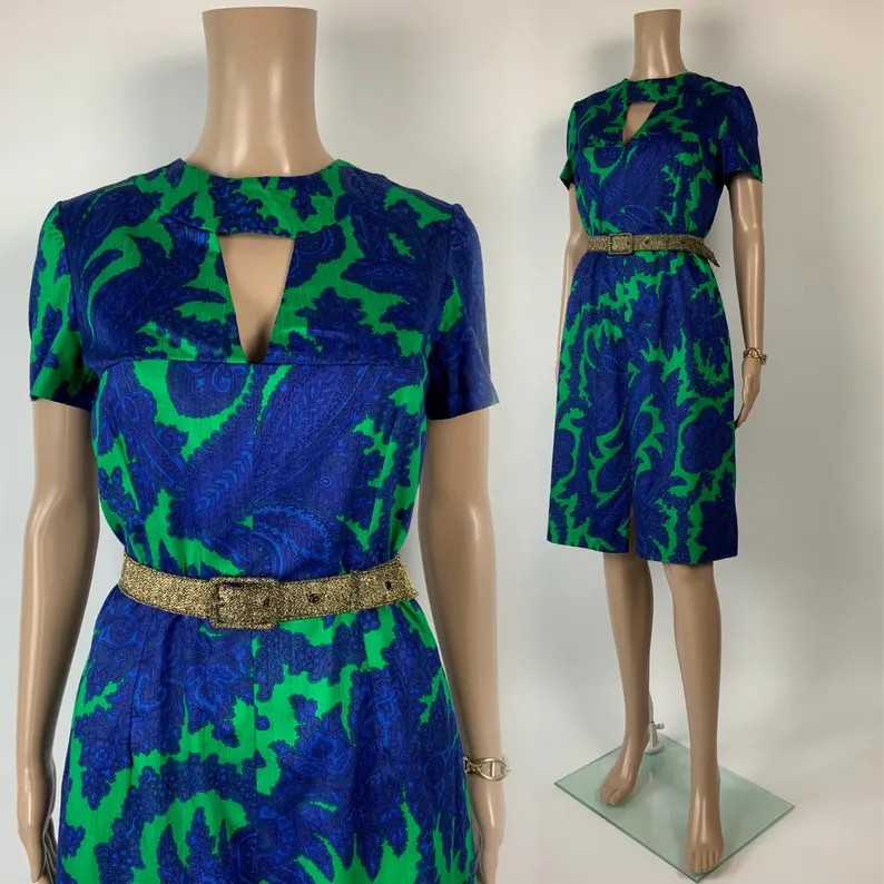 1960s Psychedelic Keyhole Shift Dress | Vintage Vibrant Blue Green Paisley Robe | Sixties Mod Sty... | Etsy (Global)