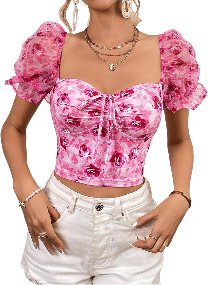 MakeMeChic Women's Floral Puff Sleeve Crop Tops Sweetheart Bow Tie Front Ruched Blouse | Amazon (US)