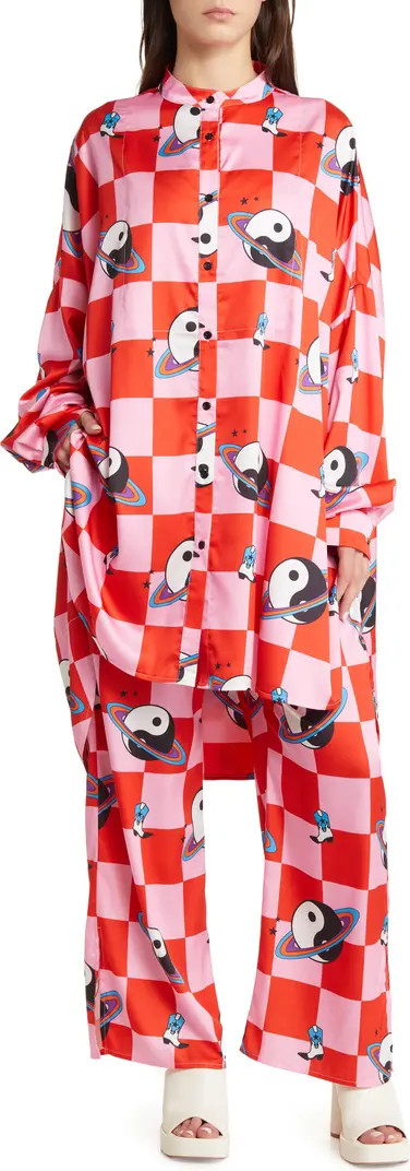 Oversize Button-Up Satin Shirt & High Waist Pants Set | Nordstrom