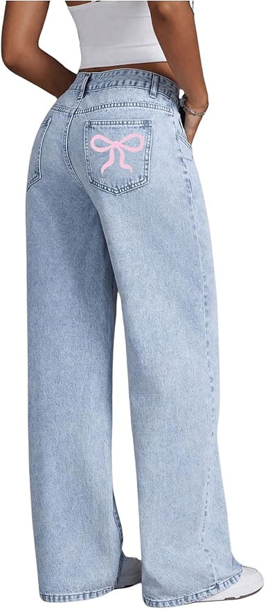MakeMeChic Women's High Waist Denim Pants Bow Wide Leg Baggy Y2K Jeans Trousers with Pocket | Amazon (US)