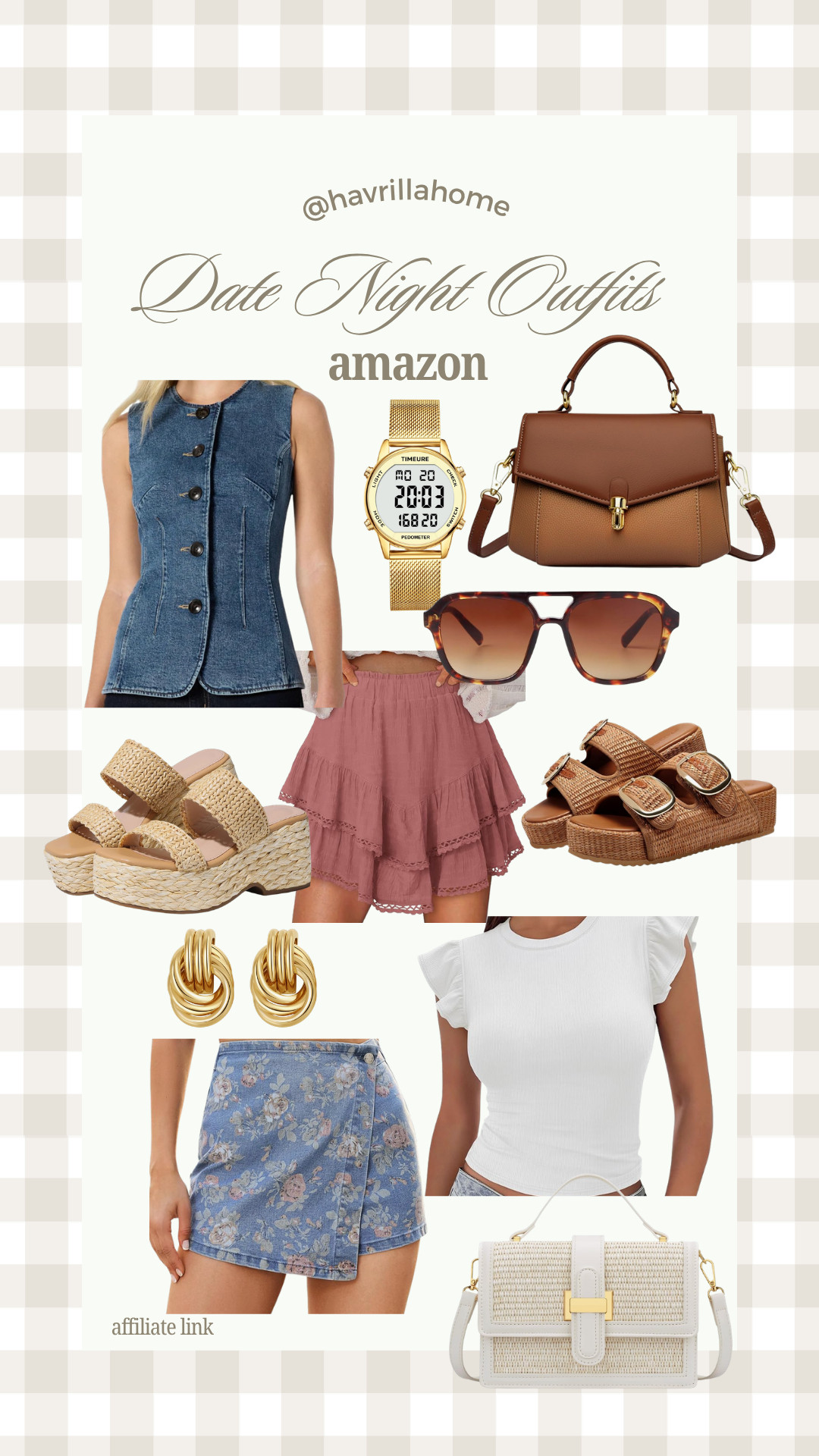 Amazon fashion finds, date night outfit ideas, amazon women’s clothing, denim vest outfit, floral skort outfit, white flutter sleeve top, woven platform sandals, summer sandals women, brown crossbody purse, white woven handbag, tortoise sunglasses, gold digital watch, gold statement earrings, casual chic outfit ideas, affordable amazon style, girls night outfit, trendy amazon finds, spring outfit inspo, neutral accessories, feminine fashion finds

#LTKSaleAlert #LTKBeauty #LTKTravel