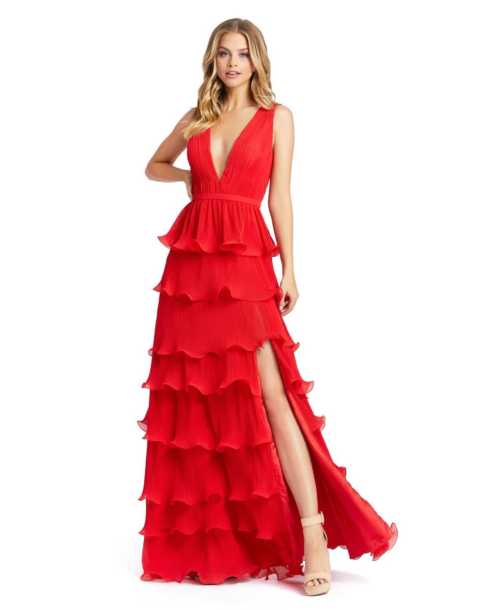 Sleeveless Ruffle Tiered V Neck Gown | Lord & Taylor