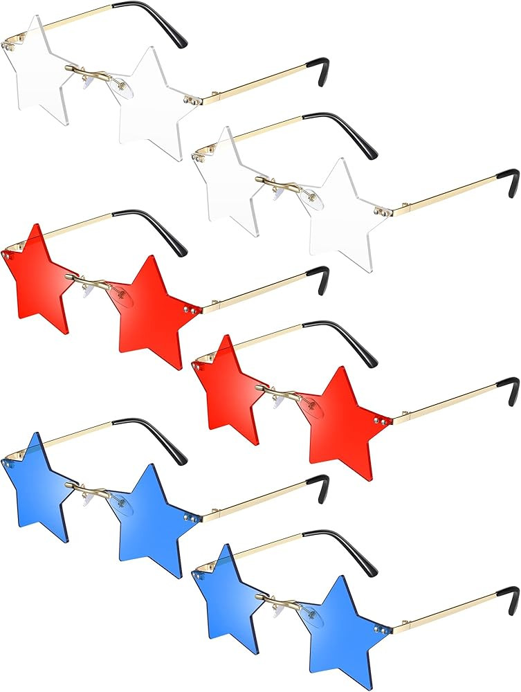 6 Pairs Rimless Star Shape Sunglasses Transparent Blue Red 4th of July Personality Sun Glasses Bulk Independence Day Cool Glasses Trendy Star Sunglasses for Women Men Pentagram Eyewear Party | Amazon (US)