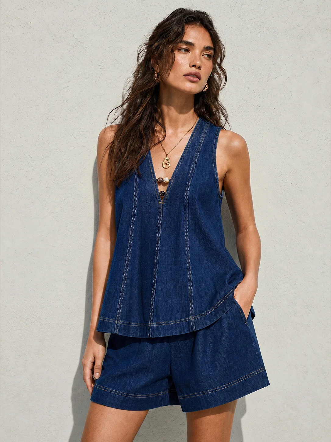 V Neck Beaded Denim Vest & Shorts Set | Commense