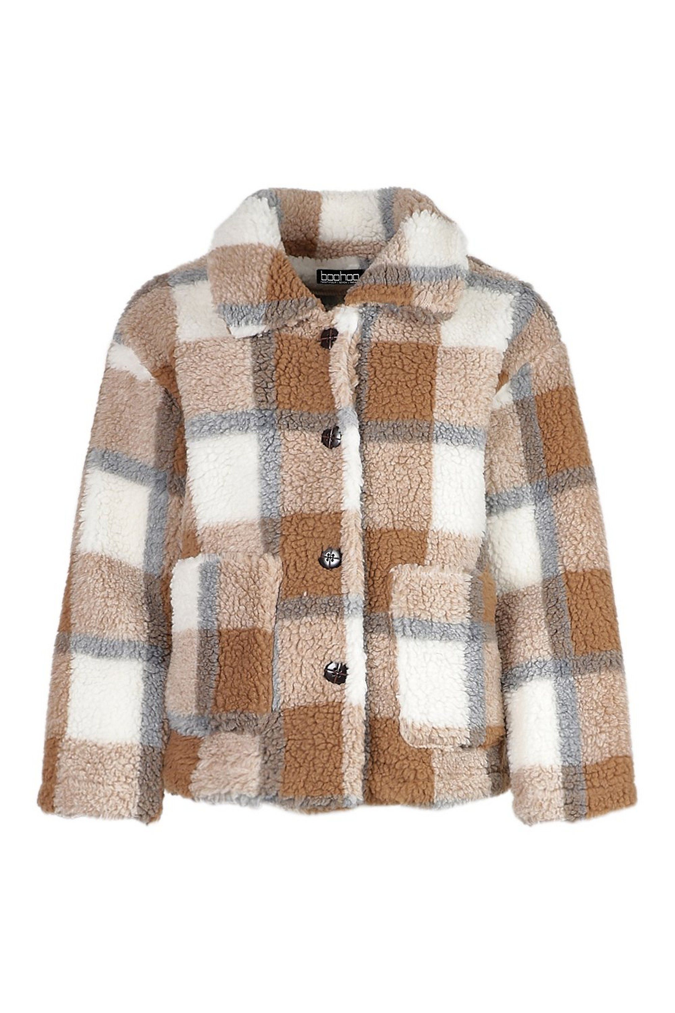 Check Teddy Faux Fur Button Through Coat | Boohoo.com (US & CA)