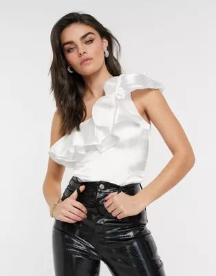 Club L one shoulder bodysuit with ruffle detail in white | ASOS (Global)