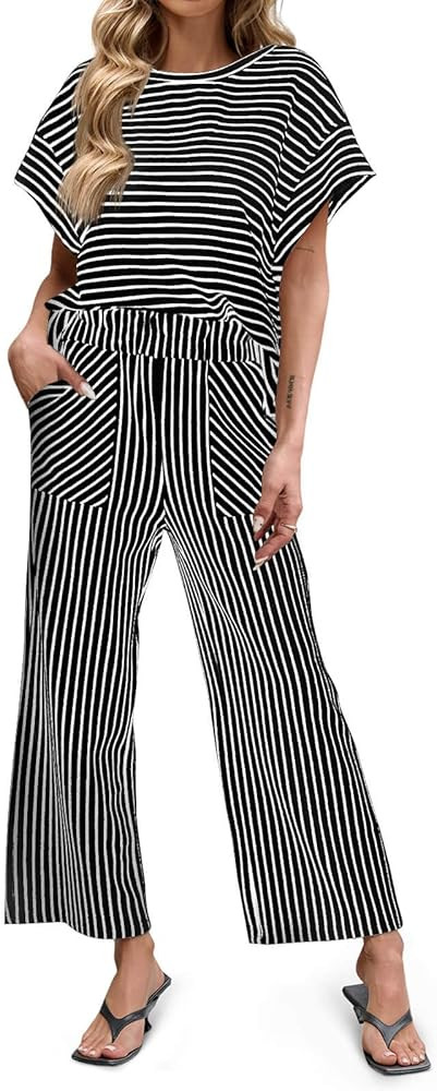 Tankaneo Womens Striped 2 Piece Sets Short Sleeve T Shirts Wide Leg Pants Matching Lounge Set wit... | Amazon (US)