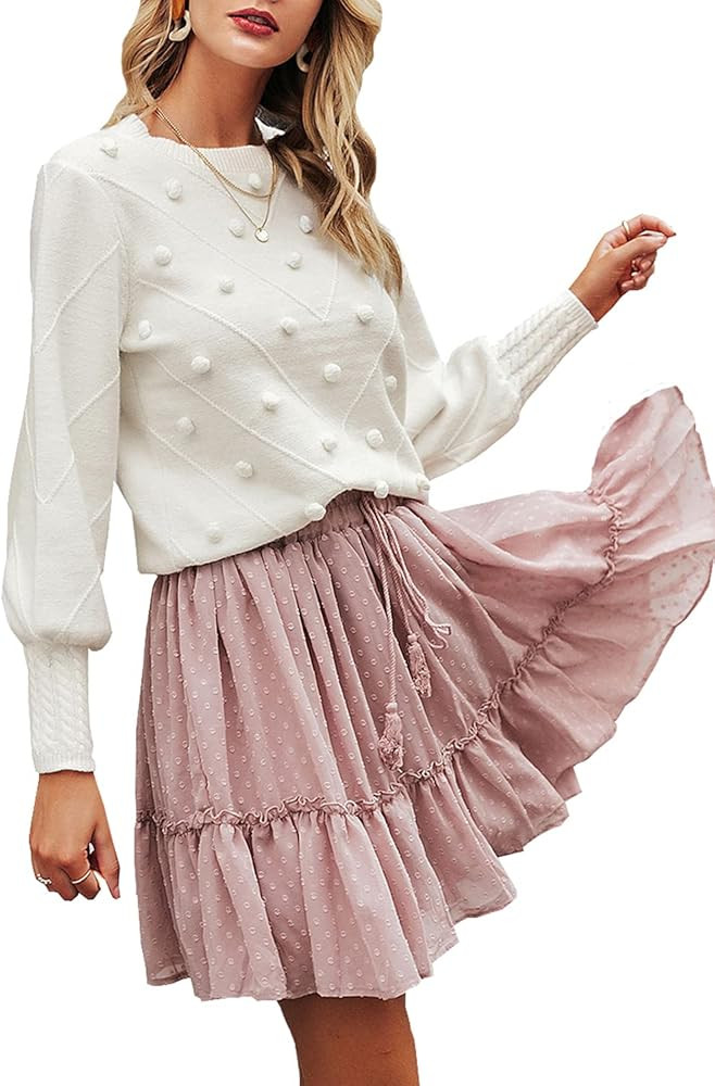 Miessial Women's Fall Crew Neck Pullover Sweater Cute Long Puff Sleeve Chunky Knit Sweater Pompom... | Amazon (US)