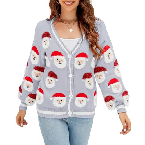 Women Y2k Cardigan Sweater Christmas Santa Long Sleeve Button Down Sweater Heart Knit Cardigan Aesthetic Streetwear B Grey | Amazon (US)