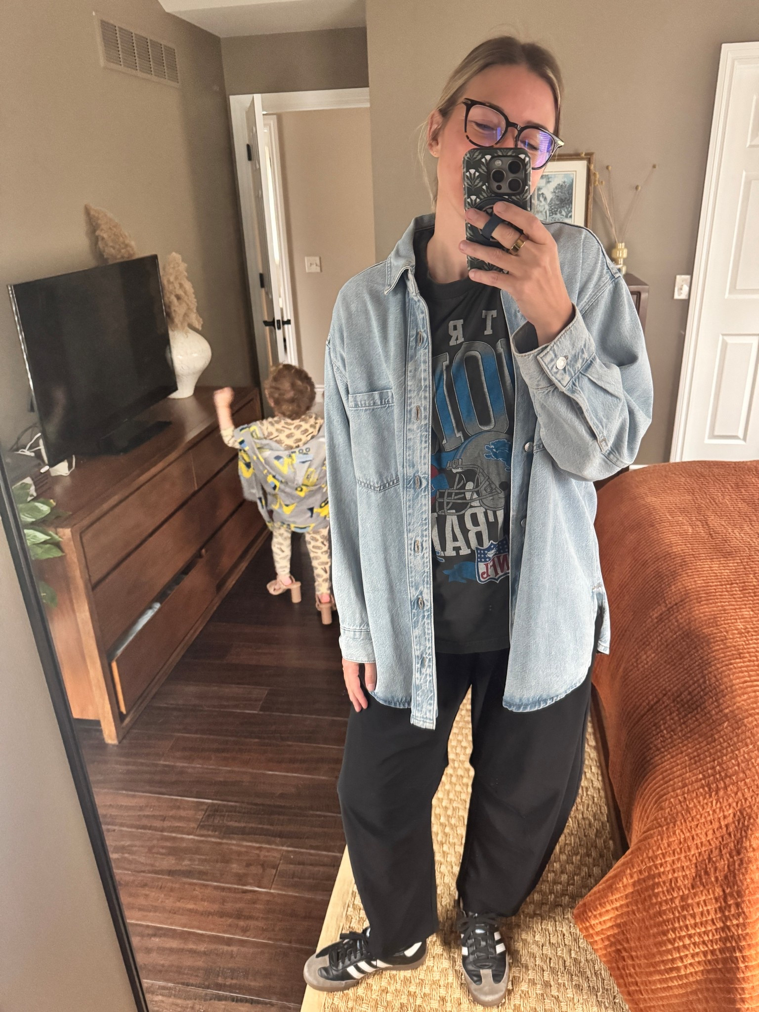 It's the little one in mom's heels and a robe, for me. Love this H&M denim top for easy layering (tagged similar), my new fav Old Navy sleektech barrel pants (size down for more fitted/lower waist fit), and this oversized tee (tagged similar)

#LTKootd #LTKmomlife #LTKdayinmylife