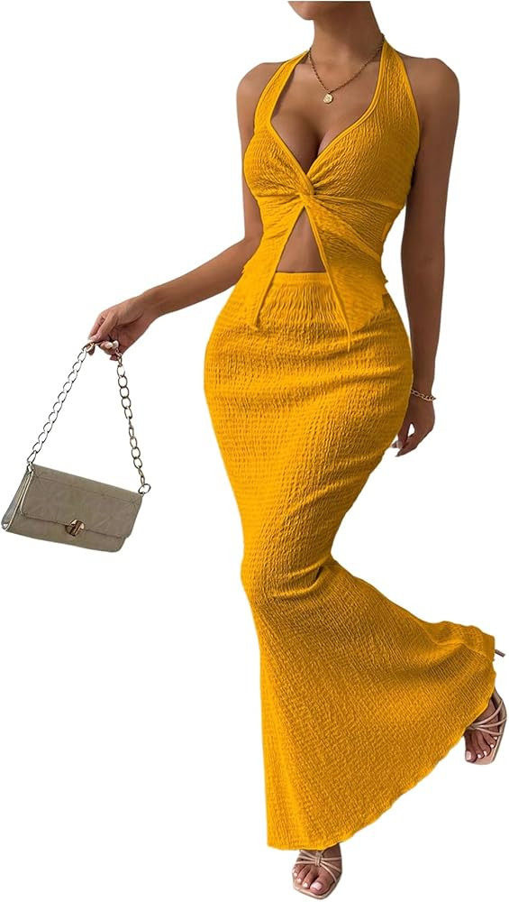 SOLY HUX Women's Two Piece Outfits Twist Front Halter Cami Tops and Skirt Summer Set | Amazon (US)