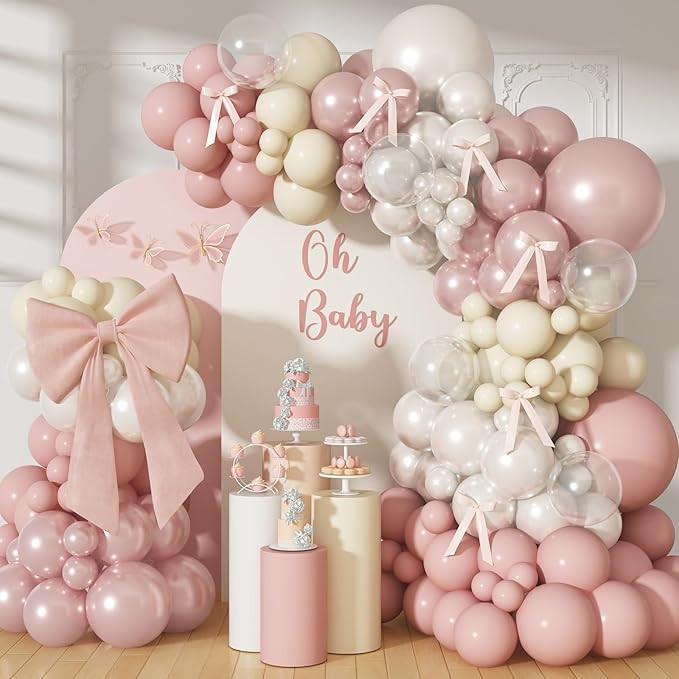 Pearl Dusty Pink Balloon Arch, Boho Double Stuffed Blush Pink Pearl White Balloons, Neutral Dusty... | Amazon (US)