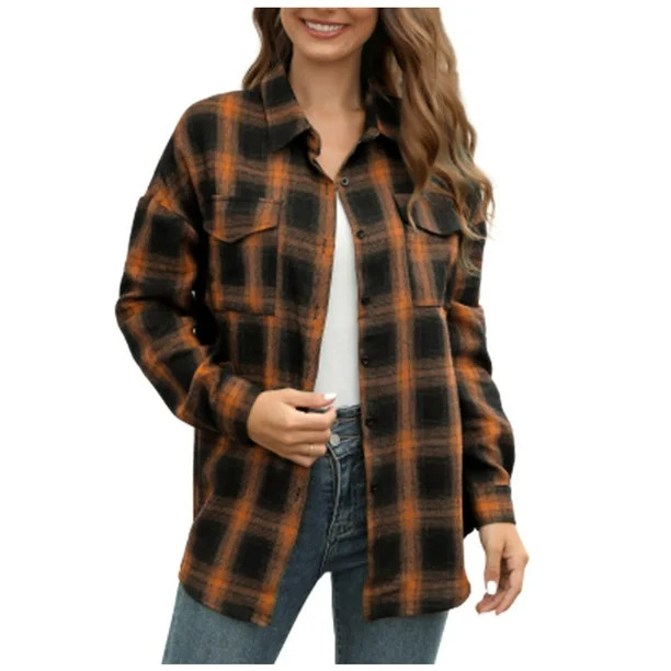 jsaierl Women's Button Down Flannel Shirts Plaid Shacket Long Sleeve Collared Jacket Coats with C... | Walmart (US)